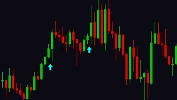 AI Breakout Pro marking cyan up-arrows at buy breakouts below the bars on a MetaTrader 5 chart — illustration only, works on any symbol and timeframe